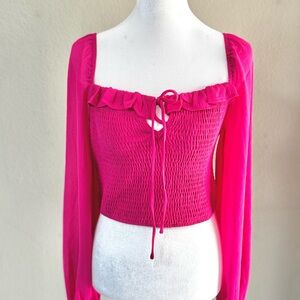 HYFVE Hot Pink Smocked Ruffle Tie-Front Crop Top